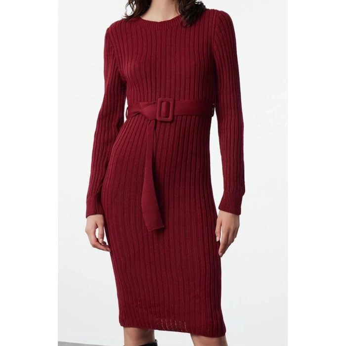 Fashion Style Regular Boat Neck Midi Length Knitted Belted Dress