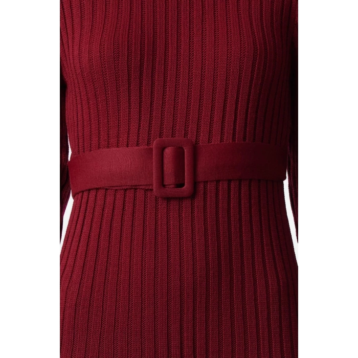 Fashion Style Regular Boat Neck Midi Length Knitted Belted Dress