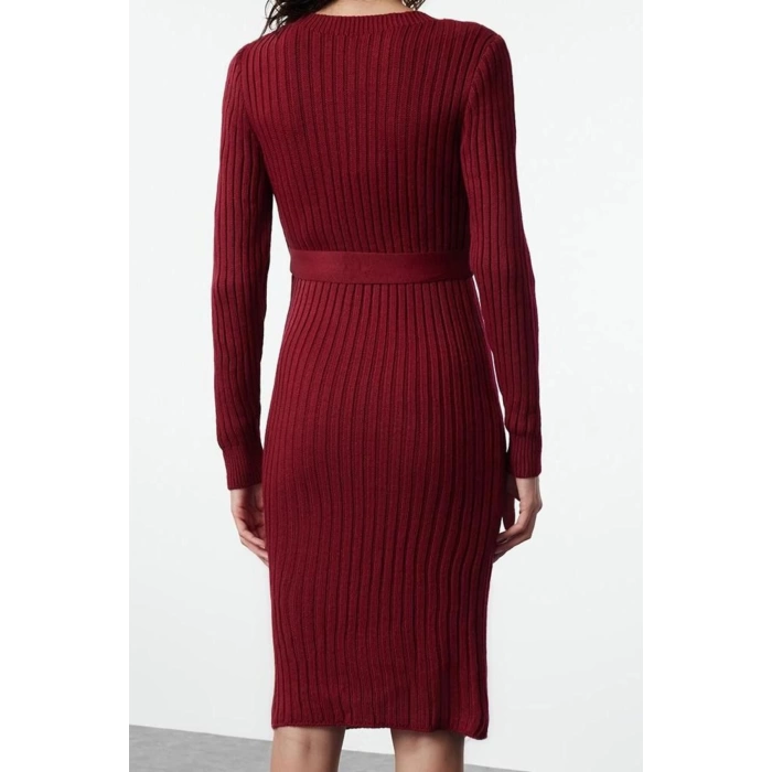 Fashion Style Regular Boat Neck Midi Length Knitted Belted Dress