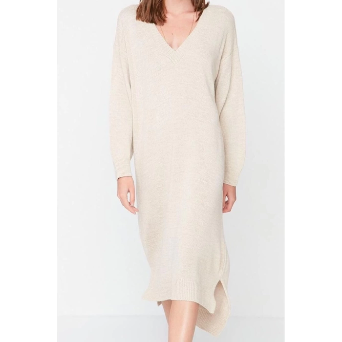 Fashion Style Oversize V Neck Maxi Length Knitwear Wide Pattern Dress