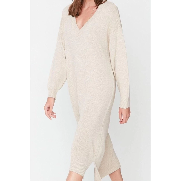 Fashion Style Oversize V Neck Maxi Length Knitwear Wide Pattern Dress