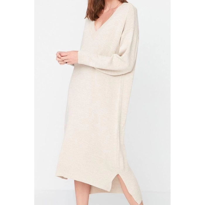 Fashion Style Oversize V Neck Maxi Length Knitwear Wide Pattern Dress