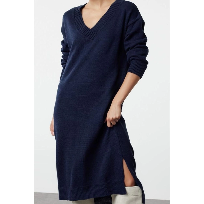 Fashion Style Oversize V Neck Maxi Length Knitwear Wide Pattern Dress