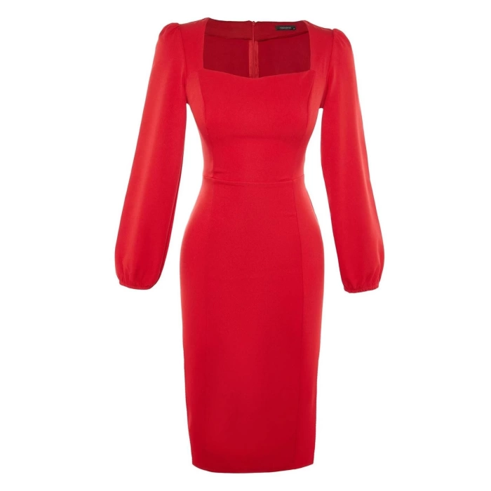 Fashion Style Regular Sweetheart Neck Midi Length Tie Detailed Woven Dress