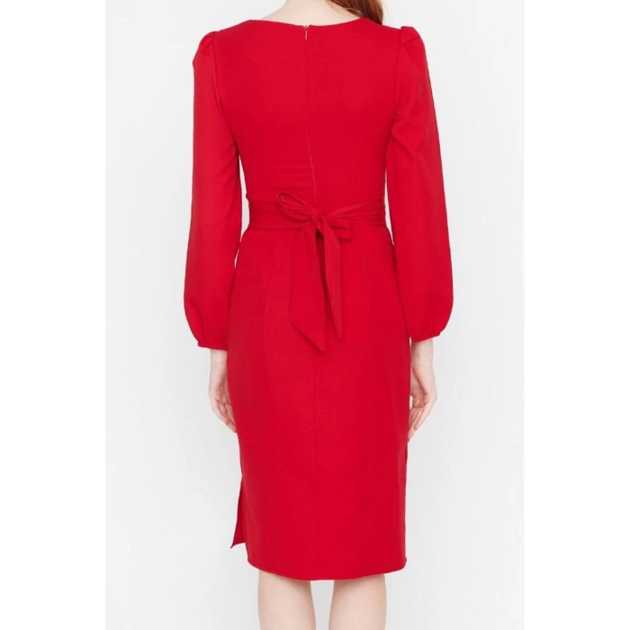 Fashion Style Regular Sweetheart Neck Midi Length Tie Detailed Woven Dress