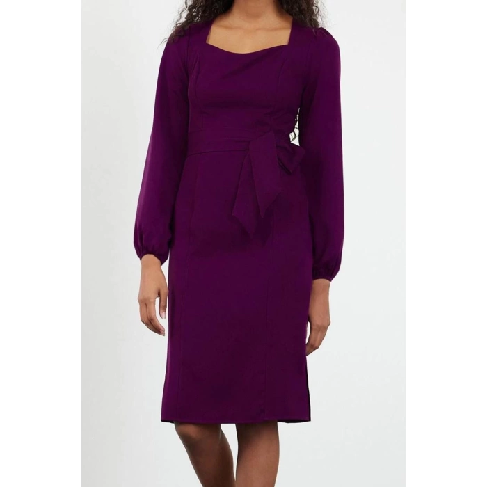 Fashion Style Regular Sweetheart Neck Midi Length Tie Detailed Woven Dress