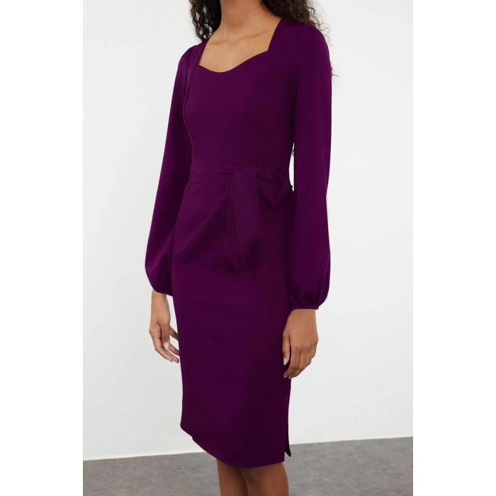 Fashion Style Regular Sweetheart Neck Midi Length Tie Detailed Woven Dress