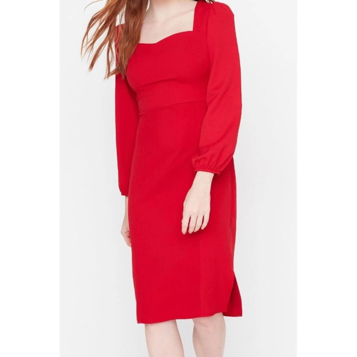 Fashion Style Regular Sweetheart Neck Midi Length Tie Detailed Woven Dress