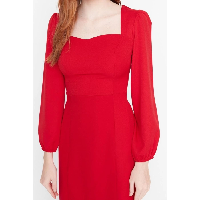 Fashion Style Regular Sweetheart Neck Midi Length Tie Detailed Woven Dress