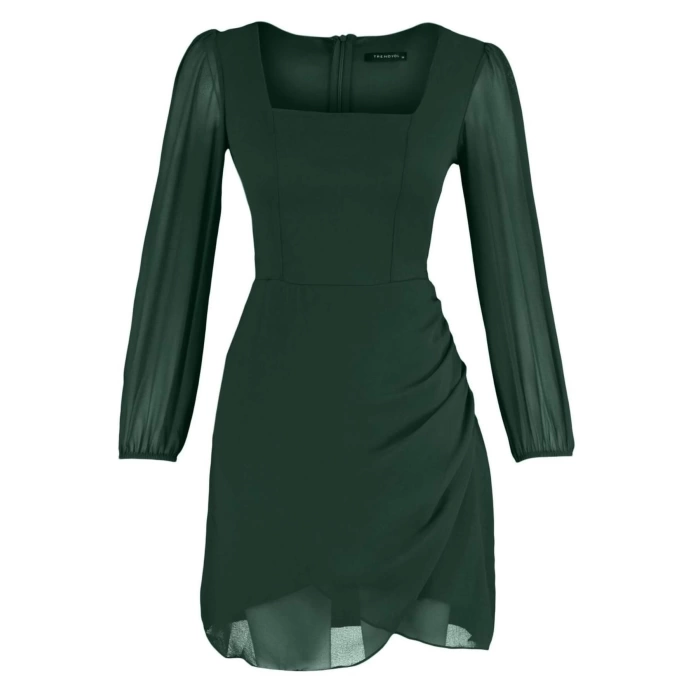 Fashion Style Regular Square Neck Mini Length A Cut Lined Woven Dress