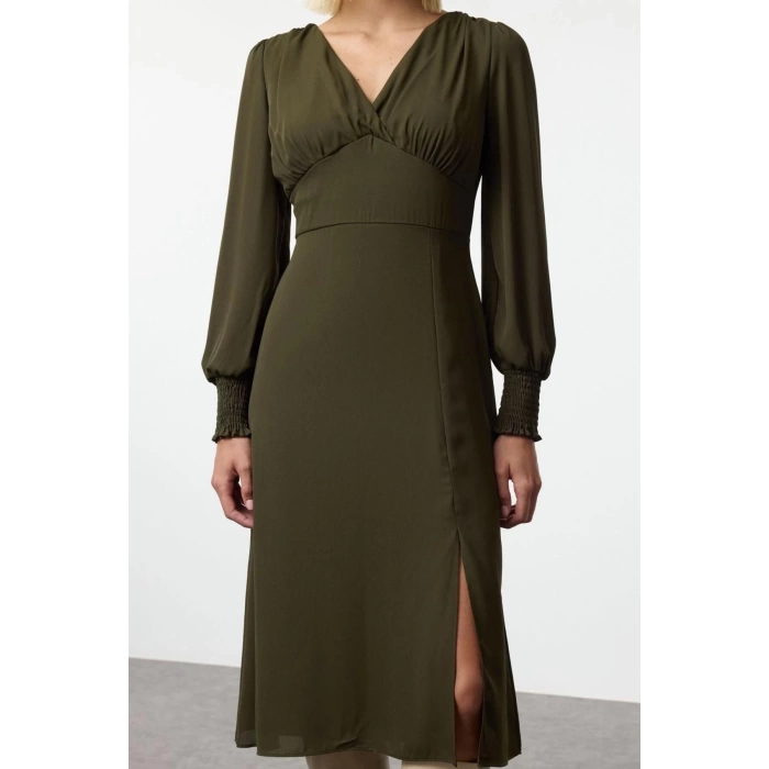 Fashion Style Regular V Neck Midi Length Plain Woven Dress
