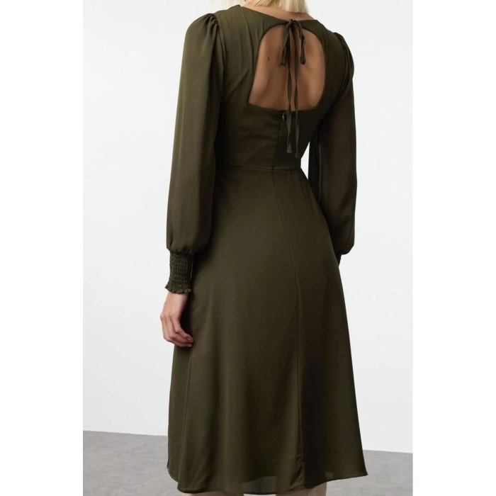 Fashion Style Regular V Neck Midi Length Plain Woven Dress