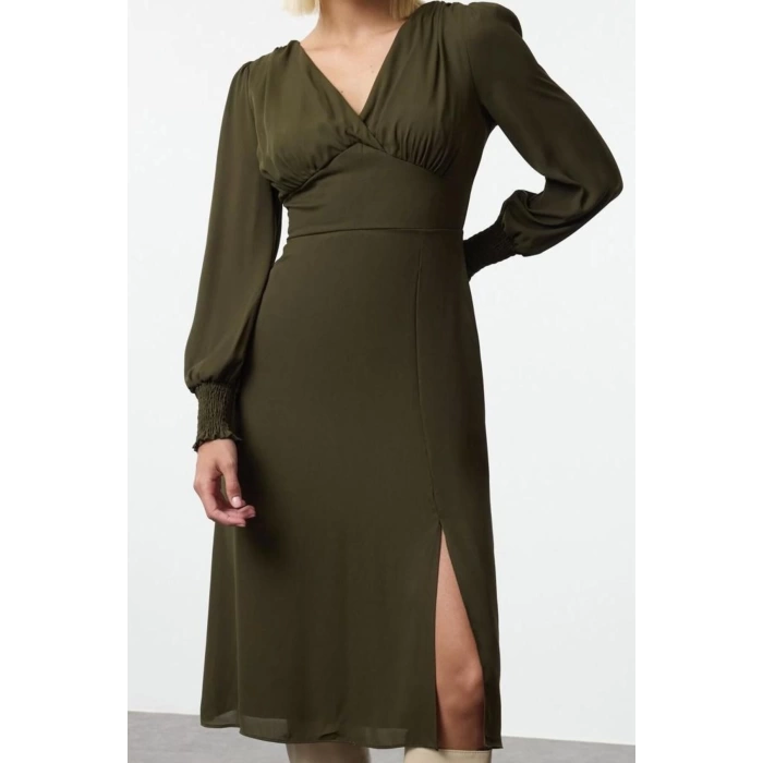 Fashion Style Regular V Neck Midi Length Plain Woven Dress