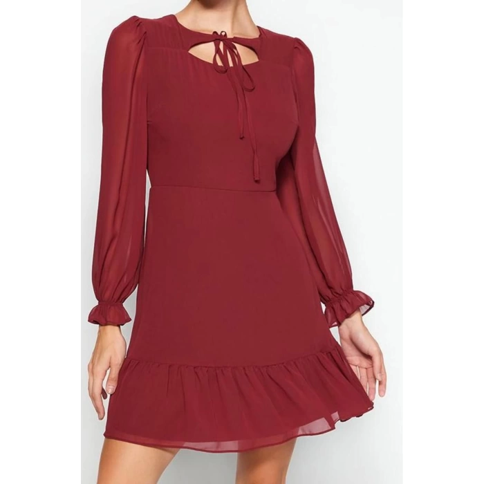 Fashion Style Regular Crew Neck Mini Length Collar Detailed Lined Chiffon Woven Winter Dress