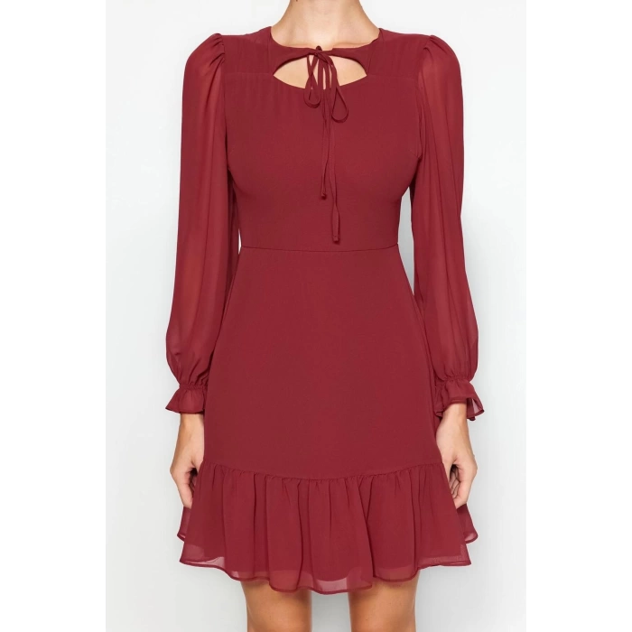 Fashion Style Regular Crew Neck Mini Length Collar Detailed Lined Chiffon Woven Winter Dress