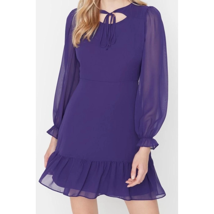 Fashion Style Regular Crew Neck Mini Length Collar Detailed Lined Chiffon Woven Winter Dress