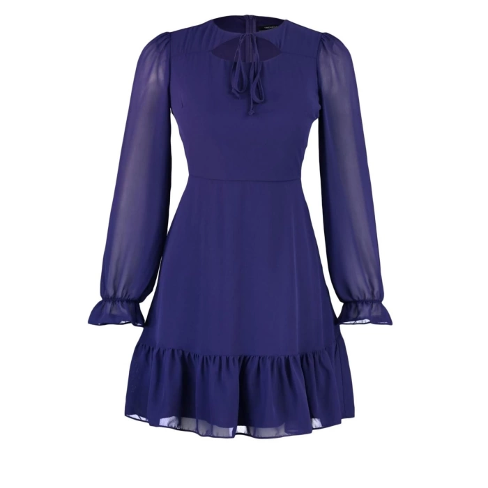 Fashion Style Regular Crew Neck Mini Length Collar Detailed Lined Chiffon Woven Winter Dress