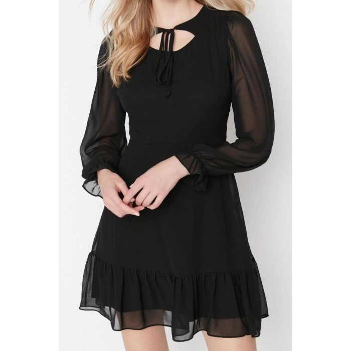 Fashion Style Regular Crew Neck Mini Length Collar Detailed Lined Chiffon Woven Winter Dress