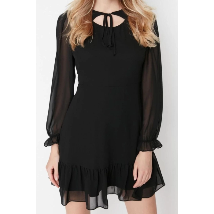 Fashion Style Regular Crew Neck Mini Length Collar Detailed Lined Chiffon Woven Winter Dress