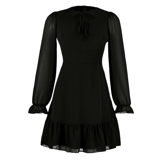 Fashion Style Regular Crew Neck Mini Length Collar Detailed Lined Chiffon Woven Winter Dress