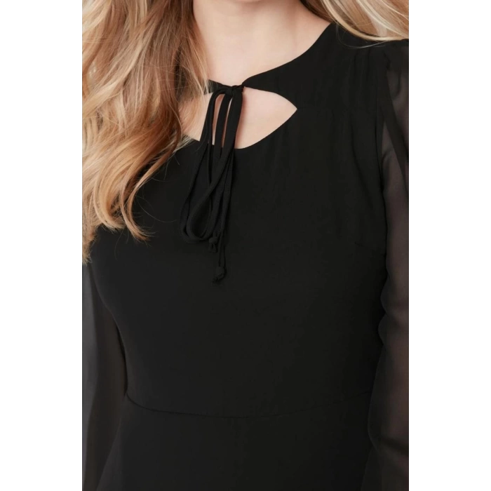 Fashion Style Regular Crew Neck Mini Length Collar Detailed Lined Chiffon Woven Winter Dress