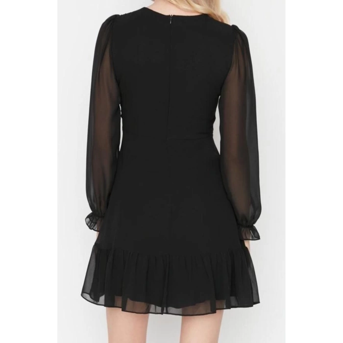 Fashion Style Regular Crew Neck Mini Length Collar Detailed Lined Chiffon Woven Winter Dress