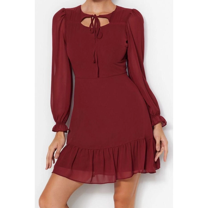 Fashion Style Regular Crew Neck Mini Length Collar Detailed Lined Chiffon Woven Winter Dress