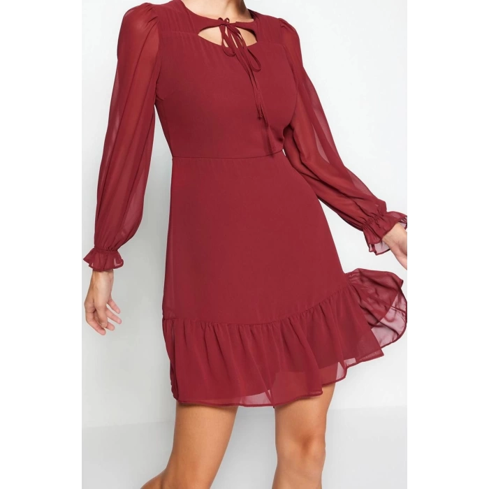 Fashion Style Regular Crew Neck Mini Length Collar Detailed Lined Chiffon Woven Winter Dress