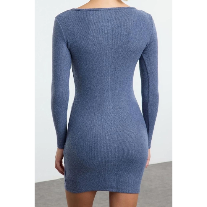 Moda Stil Slim Düğmeli Yaka Mini Boy Çıtçıt Detaylı Vücuda Oturan Fitilli Esnek Örme Kalem Elbise