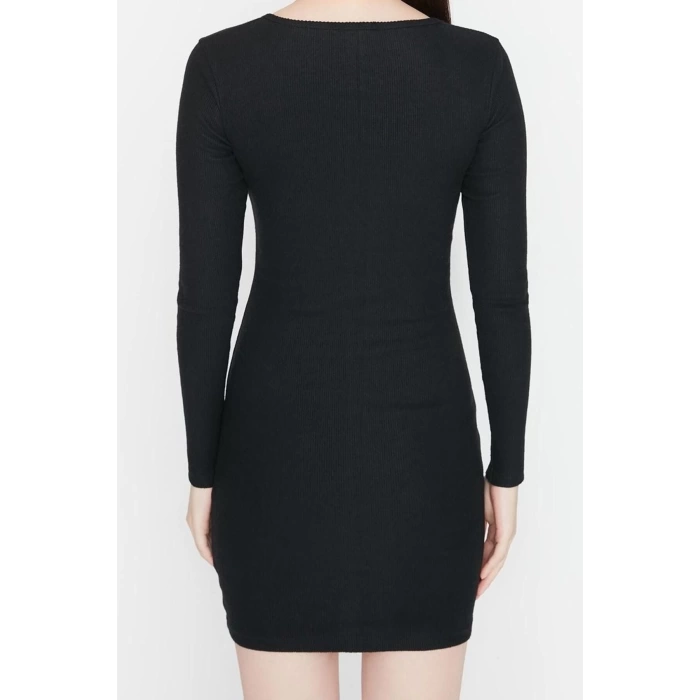 Moda Stil Slim Düğmeli Yaka Mini Boy Çıtçıt Detaylı Vücuda Oturan Fitilli Esnek Örme Kalem Elbise
