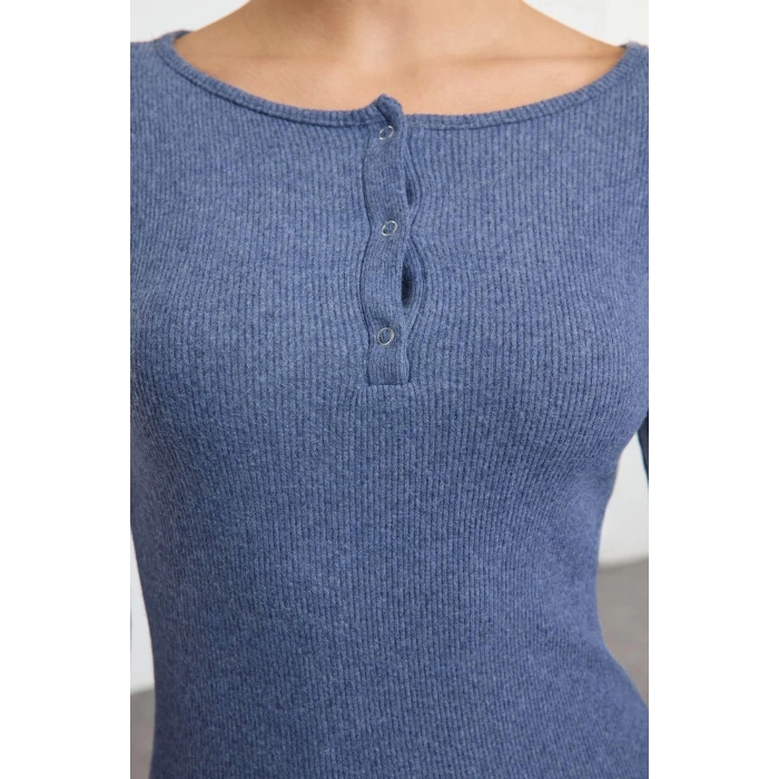 Moda Stil Slim Düğmeli Yaka Mini Boy Çıtçıt Detaylı Vücuda Oturan Fitilli Esnek Örme Kalem Elbise