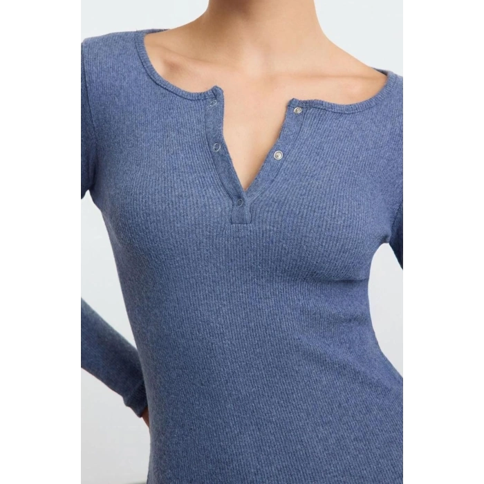 Moda Stil Slim Düğmeli Yaka Mini Boy Çıtçıt Detaylı Vücuda Oturan Fitilli Esnek Örme Kalem Elbise
