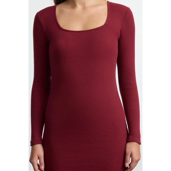 Fashion Style Slim Square Neck Mini Length Gathered Detailed Fitted Elastic Knitted Pencil Dress