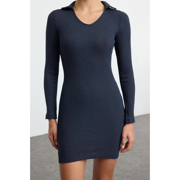 Moda Stil Slim Polo Yaka Mini Boy Vücuda Oturan Fitilli Esnek Örme Elbise