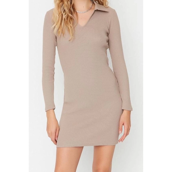 Moda Stil Slim Polo Yaka Mini Boy Vücuda Oturan Fitilli Esnek Örme Elbise