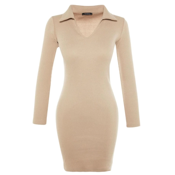 Moda Stil Slim Polo Yaka Mini Boy Vücuda Oturan Fitilli Esnek Örme Elbise