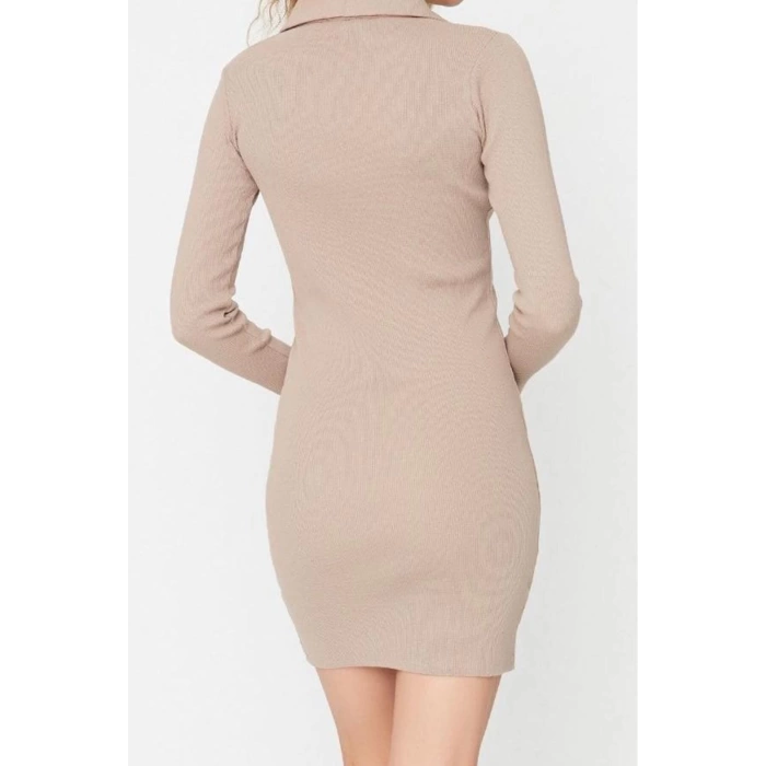 Moda Stil Slim Polo Yaka Mini Boy Vücuda Oturan Fitilli Esnek Örme Elbise