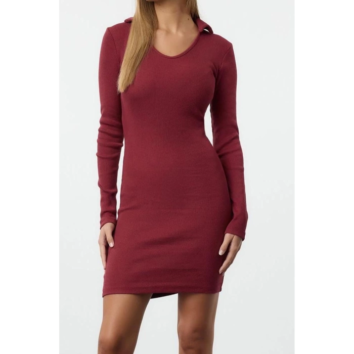 Moda Stil Slim Polo Yaka Mini Boy Vücuda Oturan Fitilli Esnek Örme Elbise