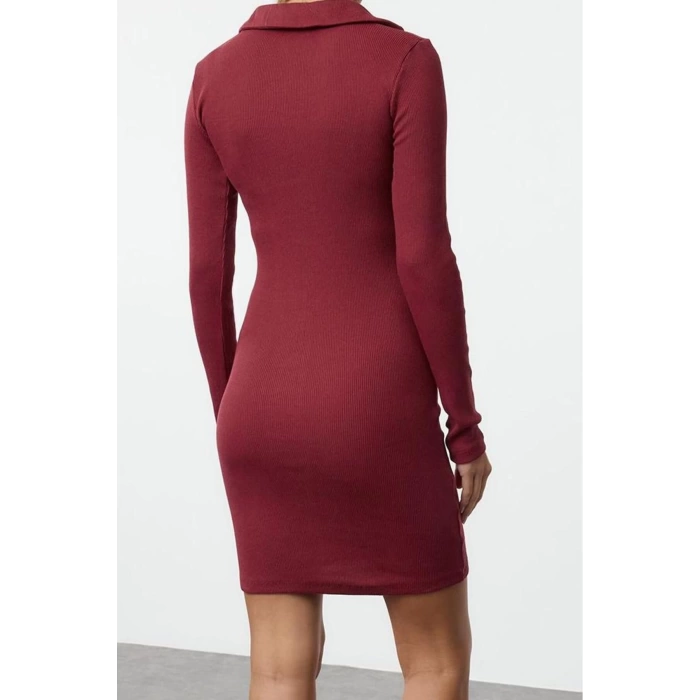 Moda Stil Slim Polo Yaka Mini Boy Vücuda Oturan Fitilli Esnek Örme Elbise