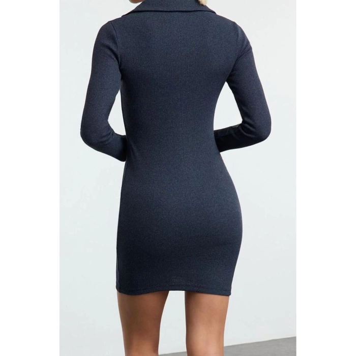 Moda Stil Slim Polo Yaka Mini Boy Vücuda Oturan Fitilli Esnek Örme Elbise