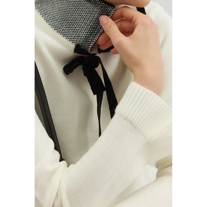 Style Modern Women Regular Standard Sleeve Polo Collar Color Block Ribbon Detailed Knitwear Sweater