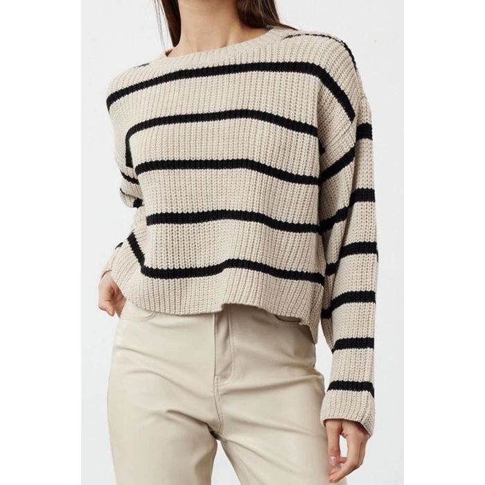 Stil Modern Kadın Crop Düşük Kol Bisiklet Yaka Basic Çizgili Triko Kazak