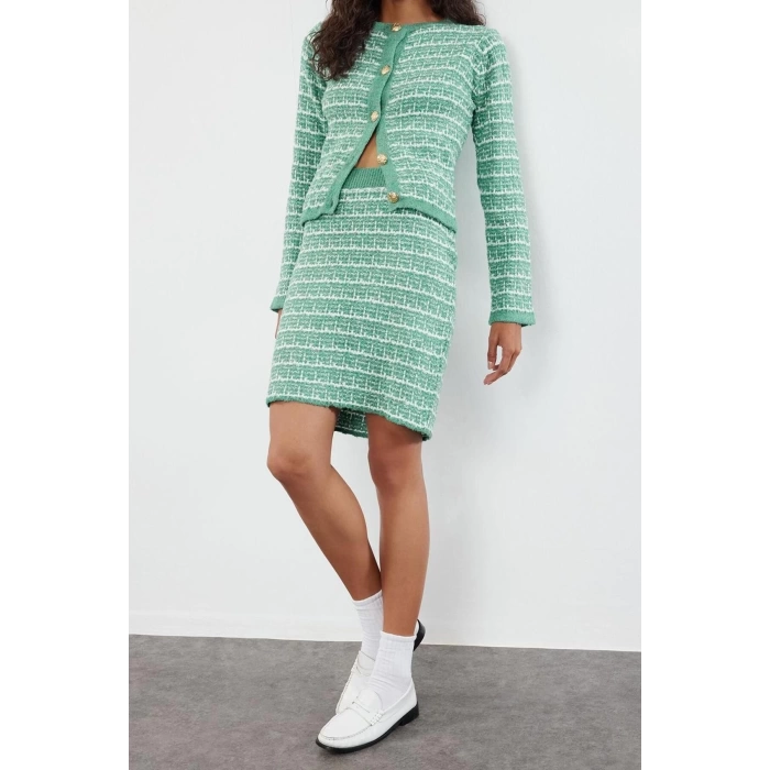 Style Women Modern Normal Waist Tube Leg Knit Detailed Soft Texture Cardigan-Skirt Knitwear Bottom-Top Set