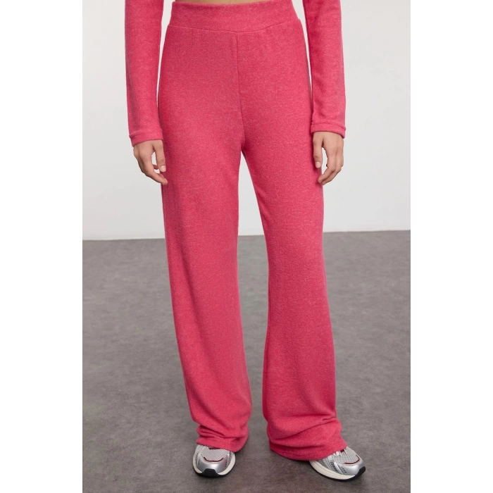 Stylish Womens High Waist Stand Collar Soft Crop and Wide Leg Knitted Top-Bottom Set