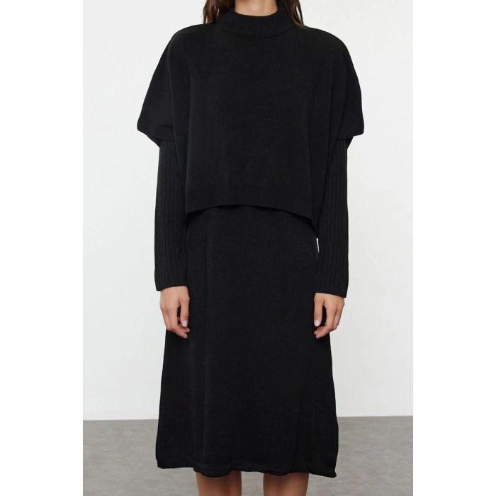 Moda Stil Oversize Dik Yaka Midi Boy Triko Süper Geniş Kalıp Süveterli Elbise