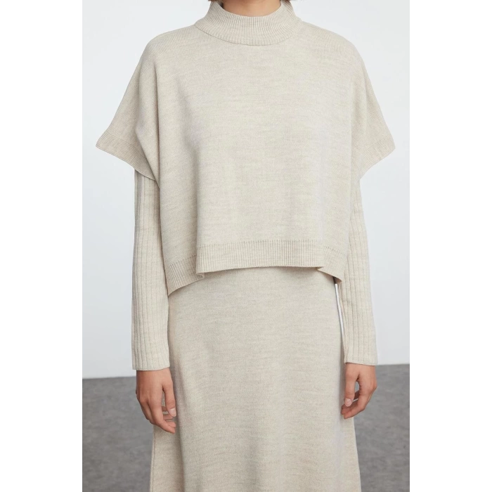 Moda Stil Oversize Dik Yaka Midi Boy Triko Süper Geniş Kalıp Süveterli Elbise