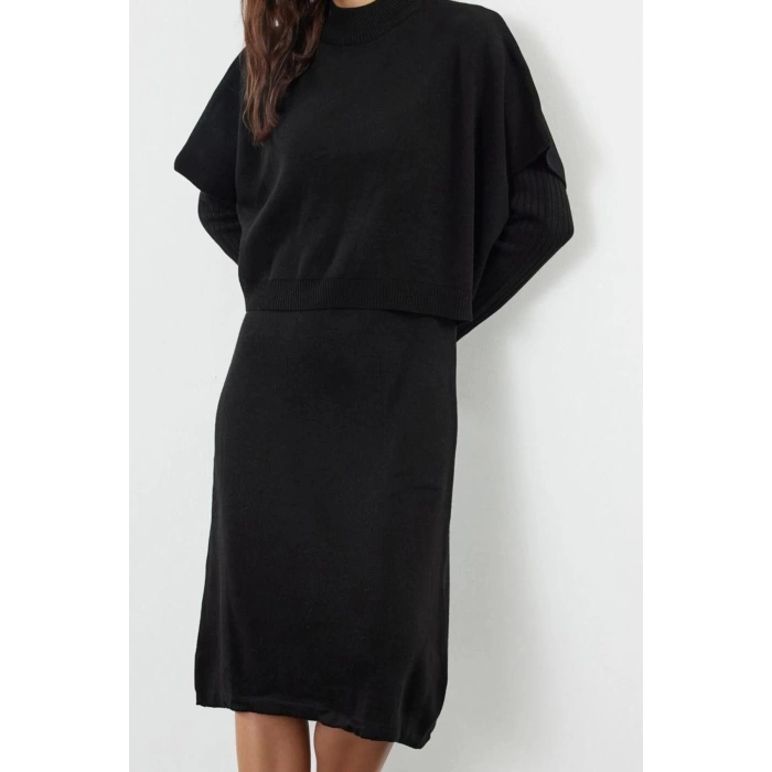 Moda Stil Oversize Dik Yaka Midi Boy Triko Süper Geniş Kalıp Süveterli Elbise