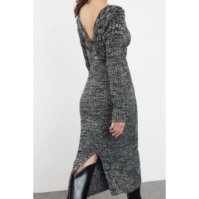 Moda Stil Slim V Yaka Midi Boy Triko Degrade Elbise