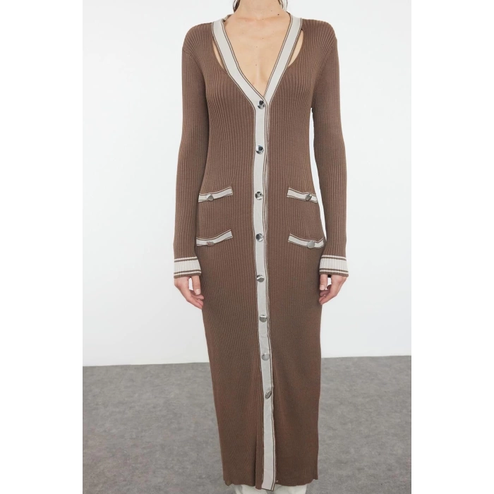 Moda Stil Regular V Yaka Maxi Boy Triko Renk Bloklu Elbise