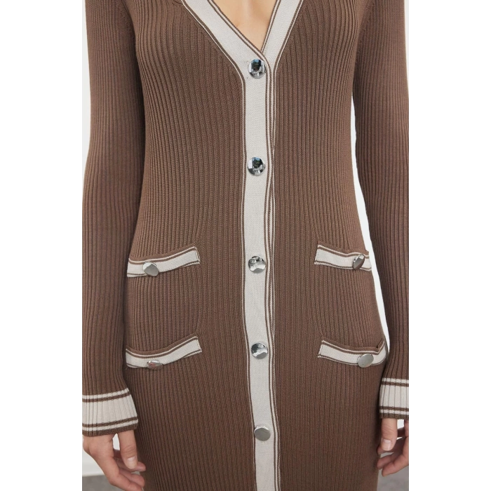 Moda Stil Regular V Yaka Maxi Boy Triko Renk Bloklu Elbise
